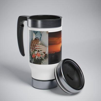 Taza de viaje de acero inoxidable con asa "Sunset Embrace", 14 oz