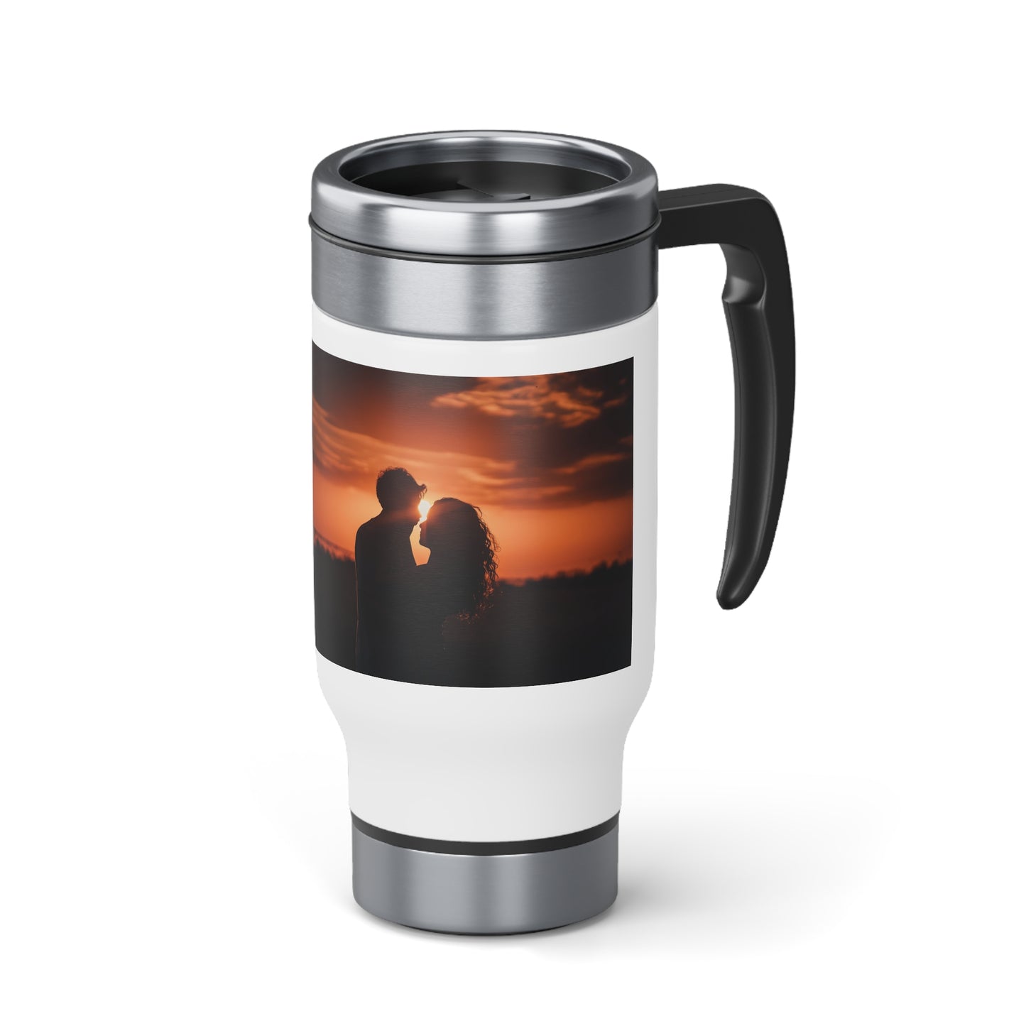 Taza de viaje de acero inoxidable con asa "Sunset Embrace", 14 oz